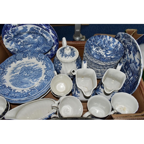 501 - FOUR BOXES OF BLUE AND WHITE DINNER WARE, to include 'The Hunter 'pattern by Myott and 'English Vill... 