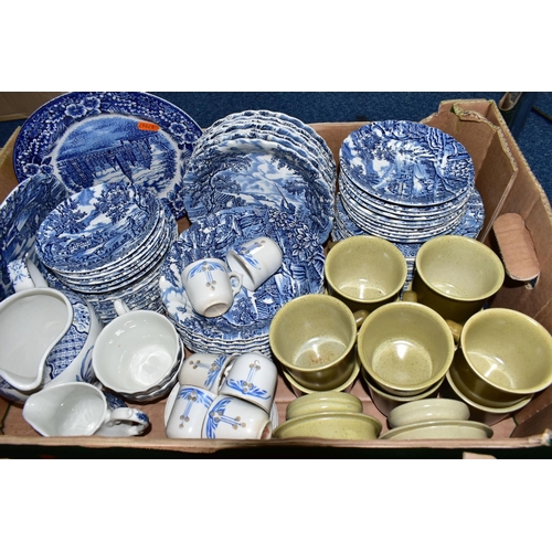 501 - FOUR BOXES OF BLUE AND WHITE DINNER WARE, to include 'The Hunter 'pattern by Myott and 'English Vill... 