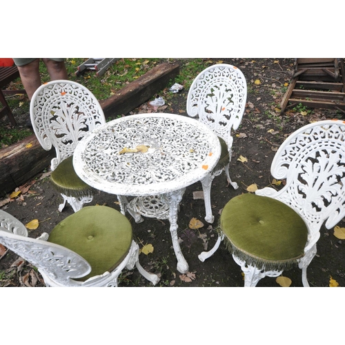 1014 - A WHITE PAINTED ALUMINIUM GARDEN TABLE 67cm in diameter, four similar chairs and similar circular oc... 