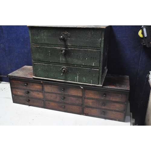 1055 - TWO VINTAGE ENGINEERS TOOL CHESTS comprising a three draw chest measuring width 50cm x depth 35cm x ... 