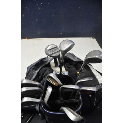 1063 - A PROSIMMON GOLF BAG containing some Macgregor clubs, including 1,3,5,6,7,8,9,p and s