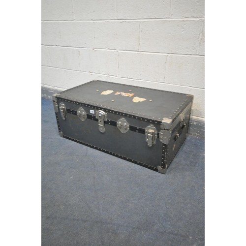 1203 - A GREY TRAVELLING TRUNK, 92cm x depth 52cm x height 37cm