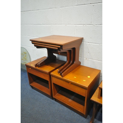 1214 - FOUR MID CENTURY TEAK OCCASIONAL FURNITURE, to include a pair of single drawer bedside cabinets, a n... 