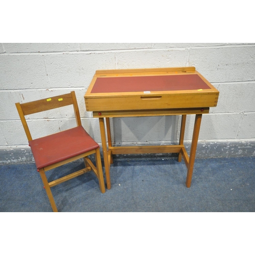 1215 - A MID CENTURY MELTON CHILDS DESK, width 26cm x depth 15cm x height 74cm and chair (2)