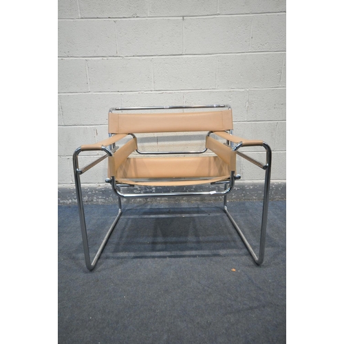 1217 - AFTER MARCEL BREUER WASSILY CHAIR, chrome frame and tan leather, unsigned, width 79cm x depth 78cm x... 