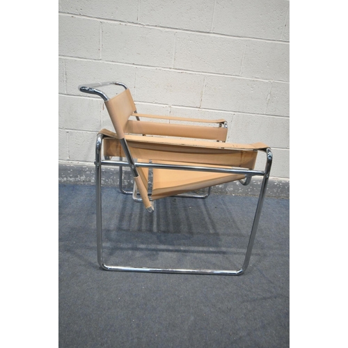 1217 - AFTER MARCEL BREUER WASSILY CHAIR, chrome frame and tan leather, unsigned, width 79cm x depth 78cm x... 