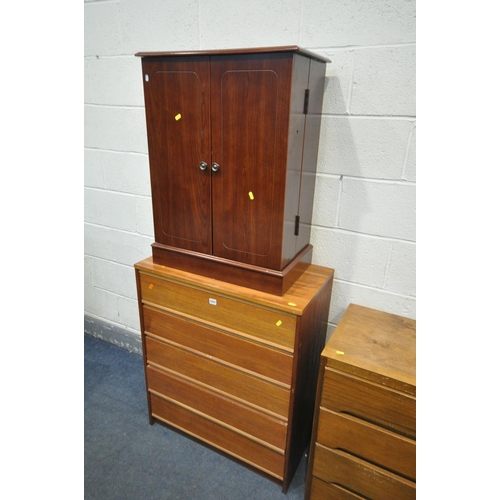 1221 - A MID CENTURY TEAK CHEST OF FIVE LONG DRAWERS, width 76cm x depth 41cm x height 97cm, two plywood ch... 