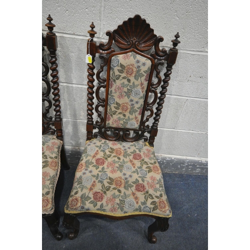 1223 - A PAIR OF VICTORIAN ROSEWOOD HALL CHAIRS, with shaped top, twin barley twist supports, on front cabr... 