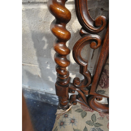 1223 - A PAIR OF VICTORIAN ROSEWOOD HALL CHAIRS, with shaped top, twin barley twist supports, on front cabr... 