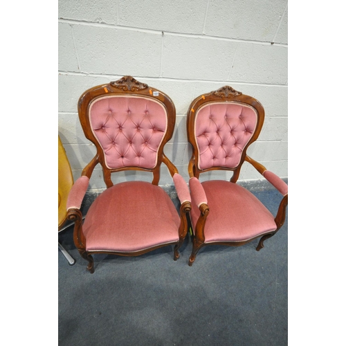 1227 - A PAIR OF ITALIAN STYLE MAHOGANY ARMCHAIRS, with open armrests, and pink upholstery, along with a pa... 