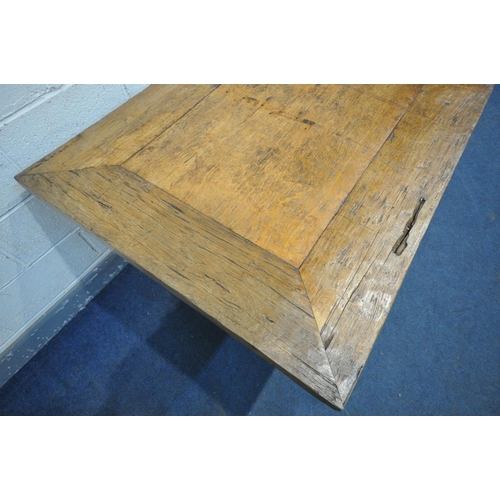 1236 - A RECLAIMED WOOD RUSTIC FARMHOUSE TABLE, on trestle legs united by a single stretcher, length 251cm ... 