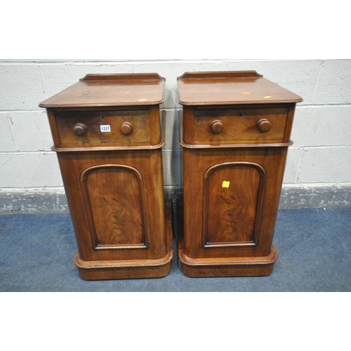 1237 - A PAIR OF VICTORIAN FLAME MAHOGANY BEDSIDE CABINETS, with a single drawers, width 41cm x depth 52cm ... 