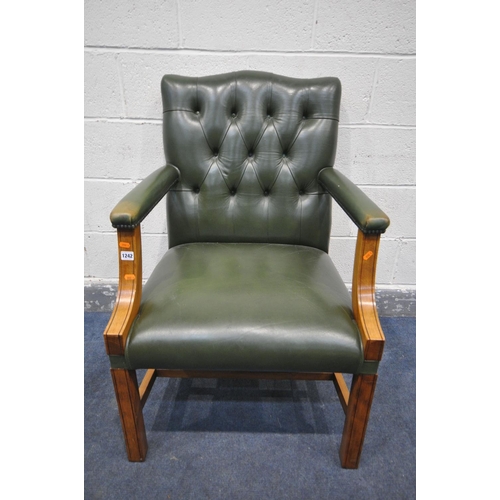 1242 - A BUTTONED GREEN LEATHER GAINSBOROUGH CHAIR, with open armrests, width 66cm x depth 73cm x height 10... 