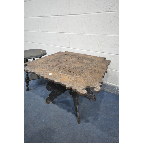 1248 - A CARVED WOOD ANGLO INDIAN FOLDING TABLE, 79cm x height 60cm (condition:-missing piece to base, repa... 