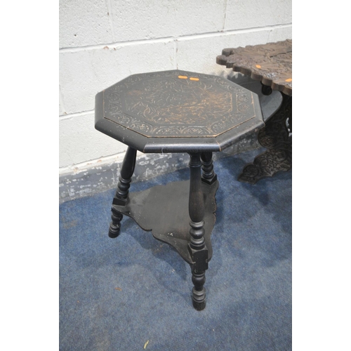 1248 - A CARVED WOOD ANGLO INDIAN FOLDING TABLE, 79cm x height 60cm (condition:-missing piece to base, repa... 