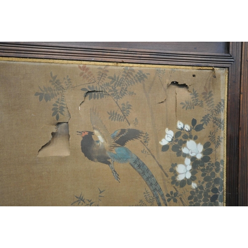 1249 - A 19TH CENTURY CARVED HARDWOOD ORIENTAL THREE FOLD FIRSCREEN, with three oval fabric chinoiserie pan... 