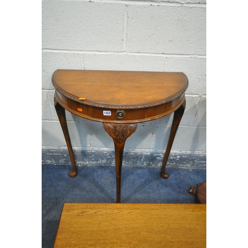 1252 - A 20TH CENTURY WALNUT DEMI LUNE SIDE TABLE, with a single drawer, on cabriole legs, width 72cm x dep... 