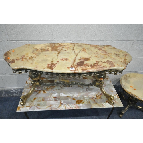 1254 - AN ITALIAN BRASS AND ONYX COFFEE TABLE, length 106cm x depth 45cm x height 45cm, a matching circular... 