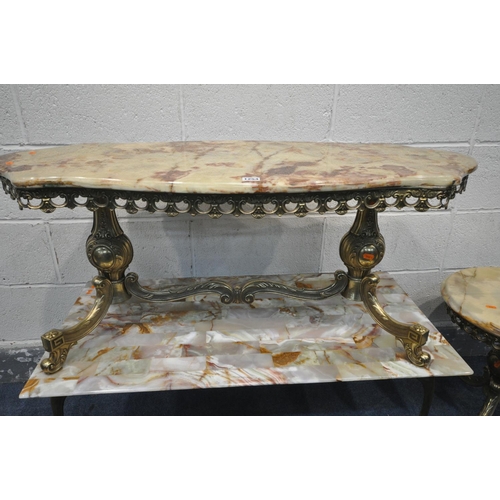 1254 - AN ITALIAN BRASS AND ONYX COFFEE TABLE, length 106cm x depth 45cm x height 45cm, a matching circular... 