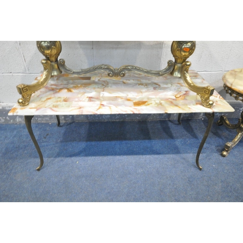 1254 - AN ITALIAN BRASS AND ONYX COFFEE TABLE, length 106cm x depth 45cm x height 45cm, a matching circular... 