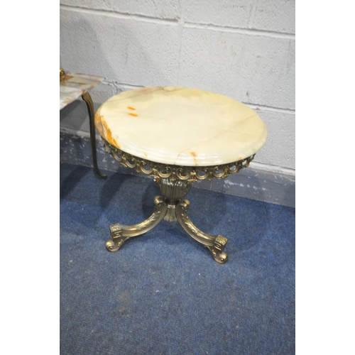 1254 - AN ITALIAN BRASS AND ONYX COFFEE TABLE, length 106cm x depth 45cm x height 45cm, a matching circular... 