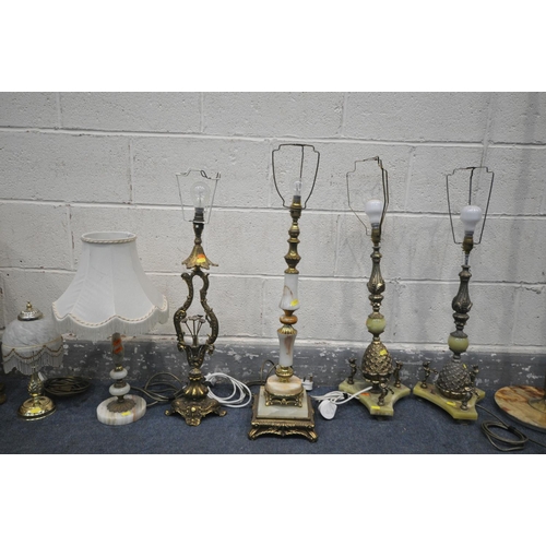 1256 - A SELECTION OF BRASS AND ONYX LIGHTING, to include a standard lamp (loose bolt) a pair of pineapple ... 