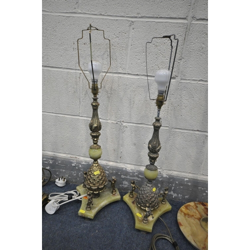 1256 - A SELECTION OF BRASS AND ONYX LIGHTING, to include a standard lamp (loose bolt) a pair of pineapple ... 