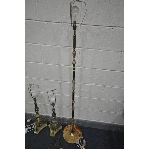 1256 - A SELECTION OF BRASS AND ONYX LIGHTING, to include a standard lamp (loose bolt) a pair of pineapple ... 