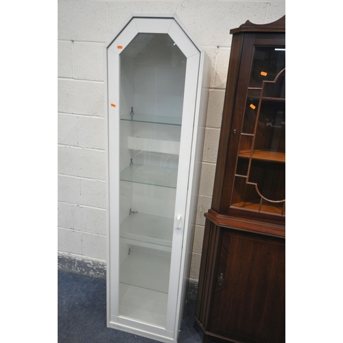 1259 - A MAHOGANY CORNER CUPBOARD, with one key, and a white finish display cabinet (2)