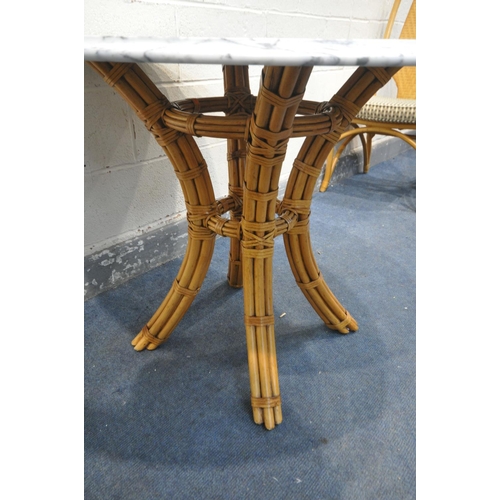 1260 - A BAMBOO AND MARBLE TOP CIRCULAR TABLE, diameter 110cm x height 75cm, and four chairs with a pattere... 