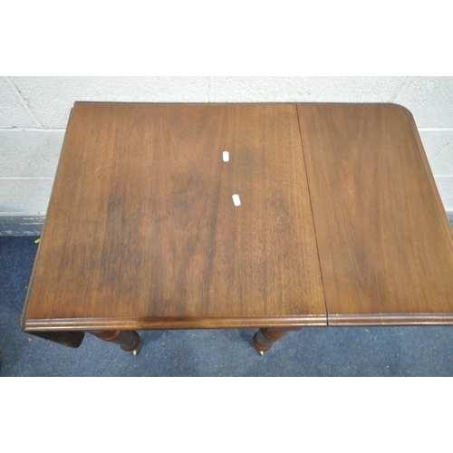 1264 - A VICTORIAN MAHOGANY PEMBROKE TABLE, with a single drawer, turned legs, on brass casters, open lengt... 