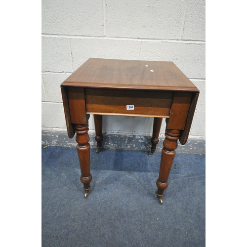 1264 - A VICTORIAN MAHOGANY PEMBROKE TABLE, with a single drawer, turned legs, on brass casters, open lengt... 