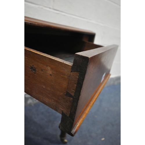 1264 - A VICTORIAN MAHOGANY PEMBROKE TABLE, with a single drawer, turned legs, on brass casters, open lengt... 