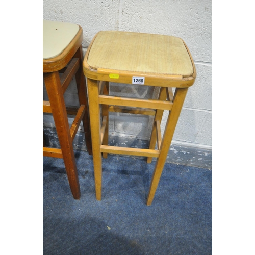 1268 - A BEECH CZECH DREVOUNIA BENTWOOD STYLE HIGH STOOL, 33cm squared x height 72cm, along with a set of f... 