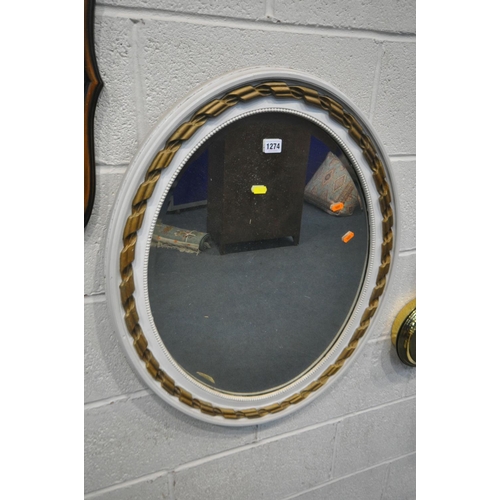 1274 - A WHITE AND GOLD PAINTED OVAL BEVELED EDGE WALL MIRROR, 62cm x 76cm, a rectangular gilt wall mirror,... 