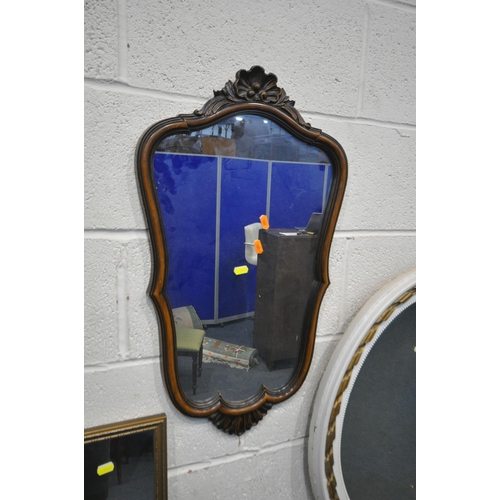 1274 - A WHITE AND GOLD PAINTED OVAL BEVELED EDGE WALL MIRROR, 62cm x 76cm, a rectangular gilt wall mirror,... 