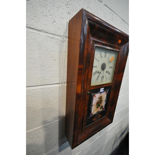 1276 - A VINTAGE FLAME MAHOGANY AMERICAN WALL CLOCK, height 66cm