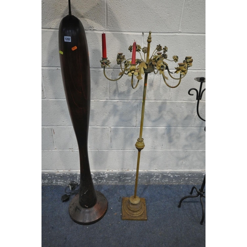 1282 - A LUZ INTERIOR WOODEN STANDARD LAMP, height 140cm, along with a gilded six branch metal floor standi... 