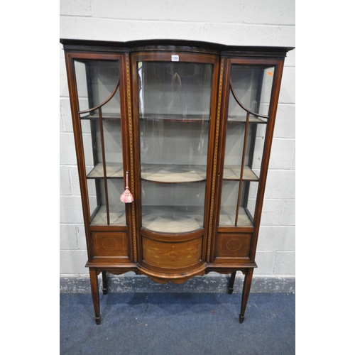 1285 - AN EDWARDIAN MAHOGANY AND INLAID DISPLAY CABINET, with a central glazed bowfront window, flanked by ... 