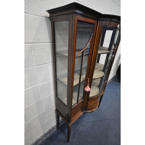 1285 - AN EDWARDIAN MAHOGANY AND INLAID DISPLAY CABINET, with a central glazed bowfront window, flanked by ... 