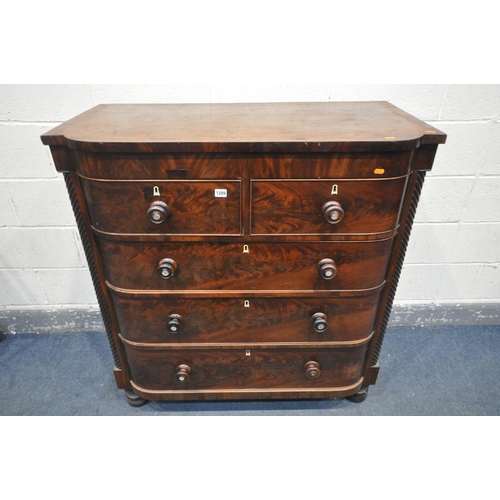 1289 - A REGENCY FLAME MAHOGANY BOWFRONT CHEST OF TWO SHORT AND THREE LONG GRADUATED DRAWERS, width 108cm x... 