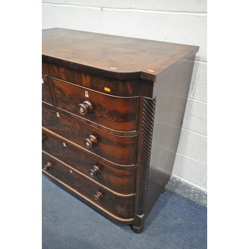 1289 - A REGENCY FLAME MAHOGANY BOWFRONT CHEST OF TWO SHORT AND THREE LONG GRADUATED DRAWERS, width 108cm x... 