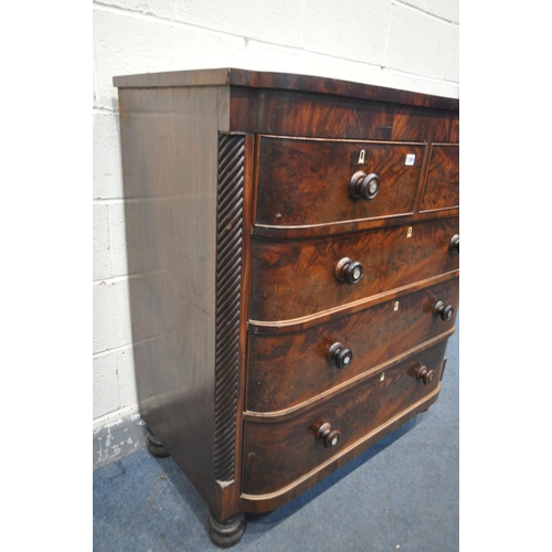 1289 - A REGENCY FLAME MAHOGANY BOWFRONT CHEST OF TWO SHORT AND THREE LONG GRADUATED DRAWERS, width 108cm x... 