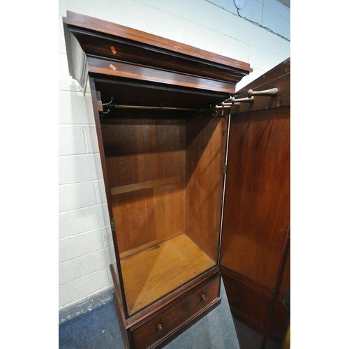 1292 - A VICTORIAN FLAME MAHOGANY SINGLE MIRROR DOOR WARDROBE, enclosing various hooks, over a single drawe... 