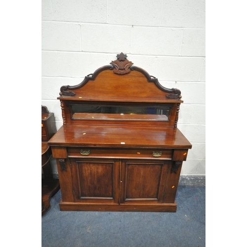 1293 - A VICTORIAN WALNUT CHIFFONIER, with mirrored raised back, above a single drawer and two cupboard doo... 