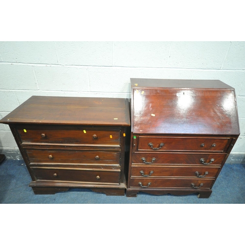 1294 - A STAINED MAHOGANY BUREAU, with four drawers, width 76cm x depth 46cm x height 100cm (condition:-poo... 