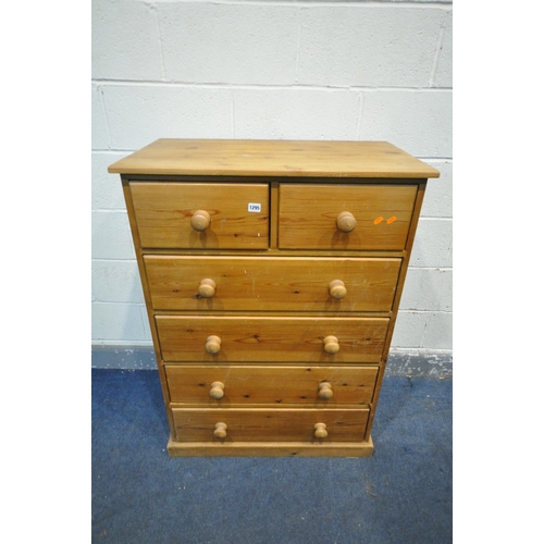 1295 - A PINE CHEST OF TWO SHORT OVER FOUR LONG DRAWERS, width 82cm x depth 49cm x height 114cm (condition:... 