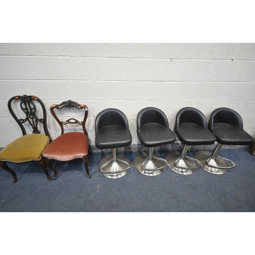 1297 - FOUR BLACK LEATHERETTE HIGH STOOLS, along with two Victorian dining chairs (condition:-high stools d... 