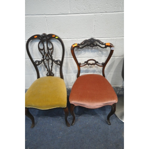 1297 - FOUR BLACK LEATHERETTE HIGH STOOLS, along with two Victorian dining chairs (condition:-high stools d... 