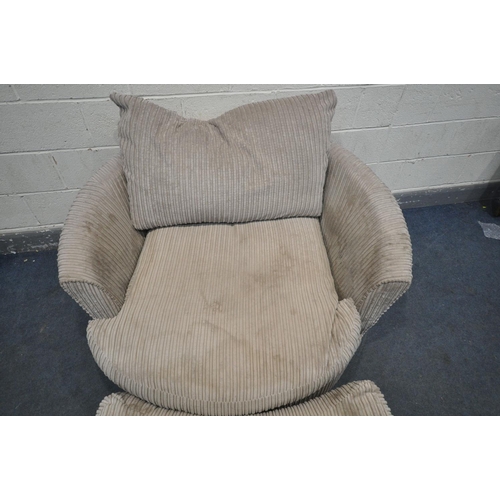 1299 - A BEIGE UPHOLSTERED LARGE REVOLVING CHAIR, with footstool, diameter 130cm x height 72cm (good condit... 